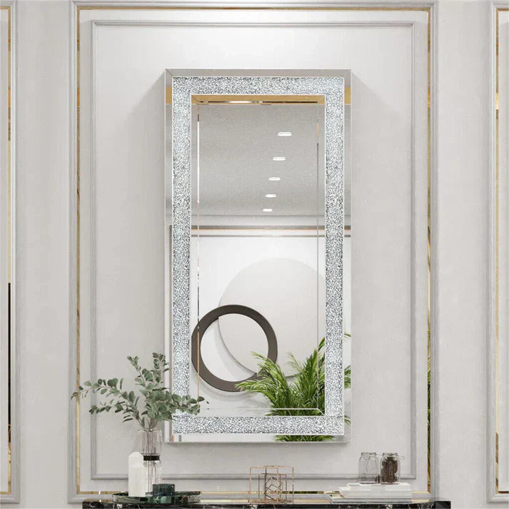 Luxury Silver Crystal Rectangle Vanity Mirror – Large Frameless Wall Dressing Mirror with Rhinestone Detailing