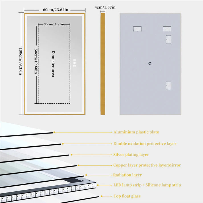 Rectangle Golden Aluminum Alloy Frame, Front Light Large LED Bathroom Illumination Mirror, Wall Mounted, Anti-Fog