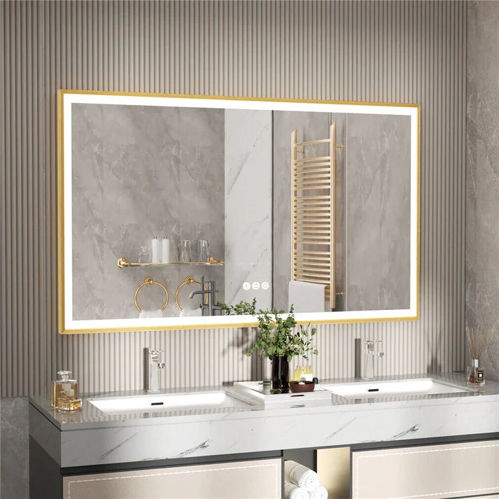 Rectangle Golden Aluminum Alloy Frame, Front Light Large LED Bathroom Illumination Mirror, Wall Mounted, Anti-Fog