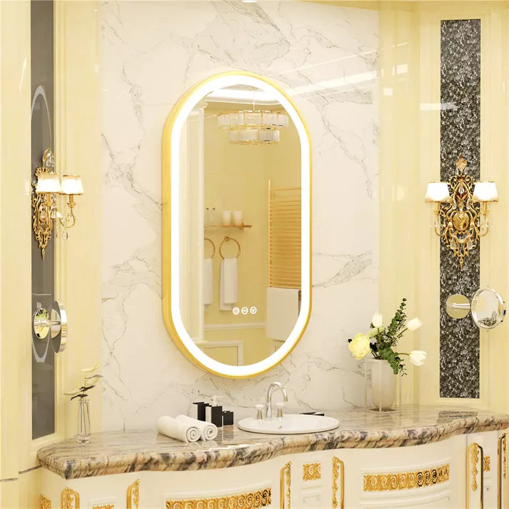 Oval Gold Aluminum Frame Frontlit LED Smart Bathroom Illumination Mirror, Wall Mounted, Anti-Fog