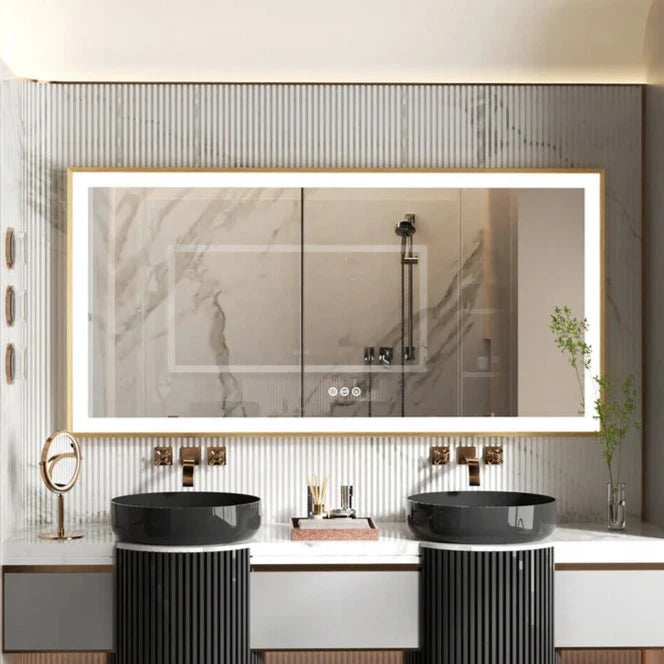 Rectangle Golden Aluminum Alloy Frame, Front Light Large LED Bathroom Illumination Mirror, Wall Mounted, Anti-Fog