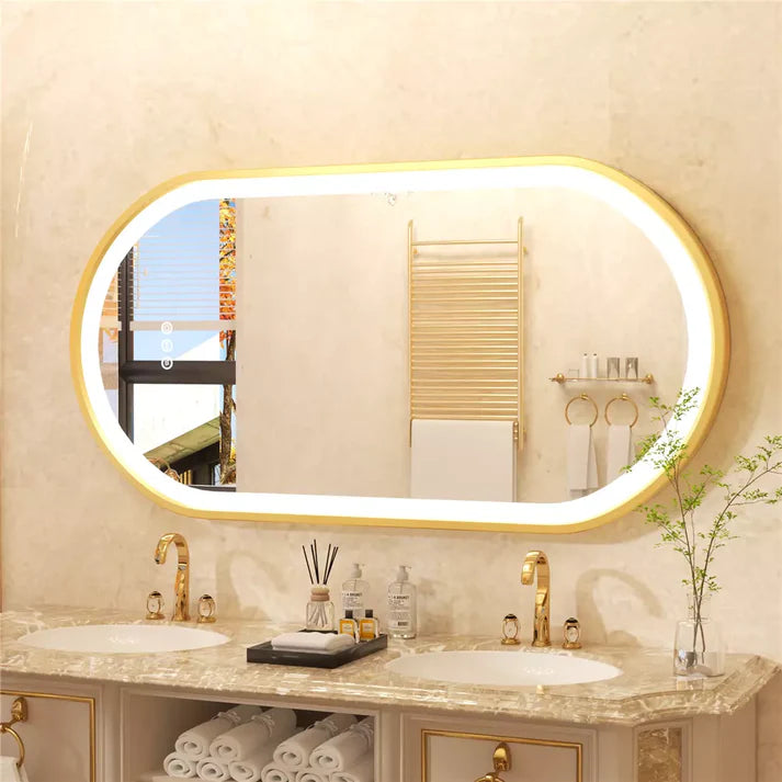Oval Gold Aluminum Frame Frontlit LED Smart Bathroom Illumination Mirror, Wall Mounted, Anti-Fog