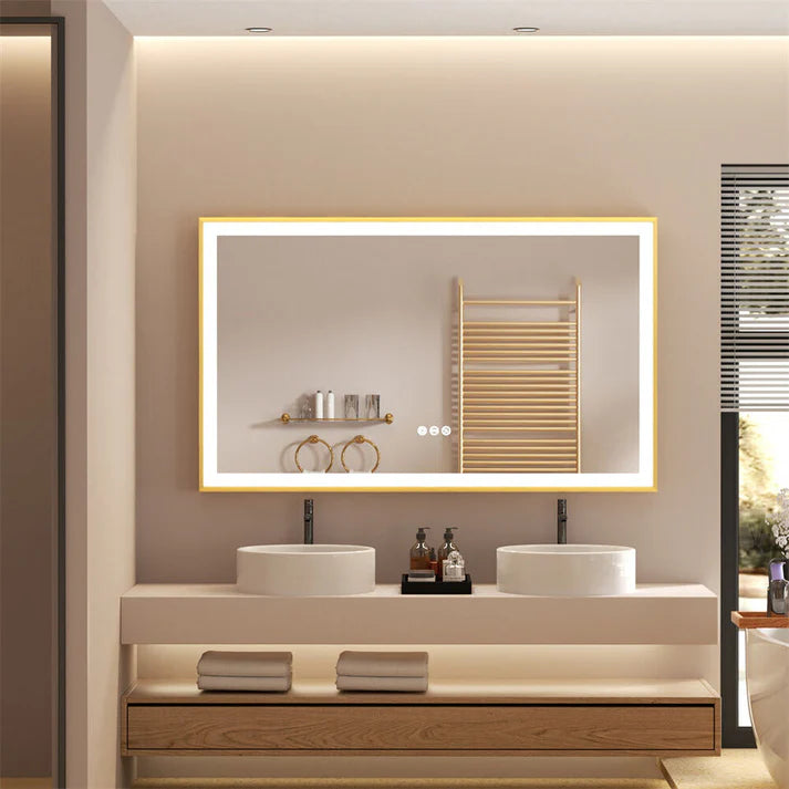 Rectangle Golden Aluminum Alloy Frame, Front Light Large LED Bathroom Illumination Mirror, Wall Mounted, Anti-Fog