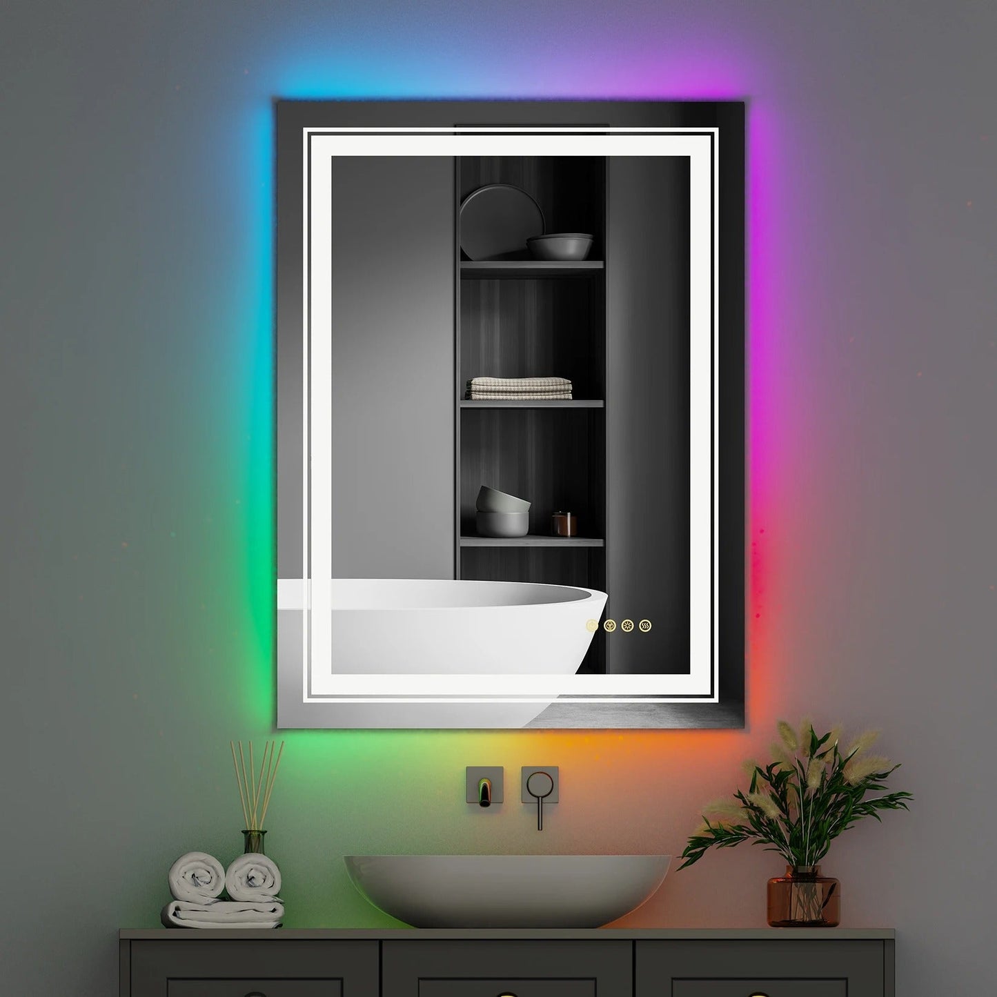 Rectangle Glitzy RGB Double Light LED Bathroom Mirror, Wall Mounted, Anti-Fog