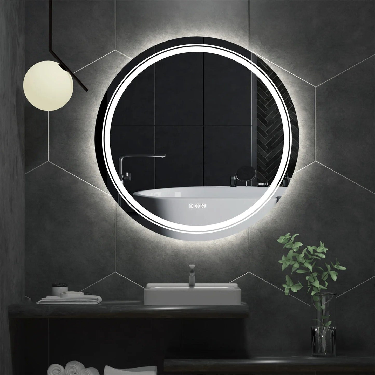 Extra Large 90cm Round Double Light LED Smart Bathroom Illumination Mirror, Wall Mounted, Anti-Fog