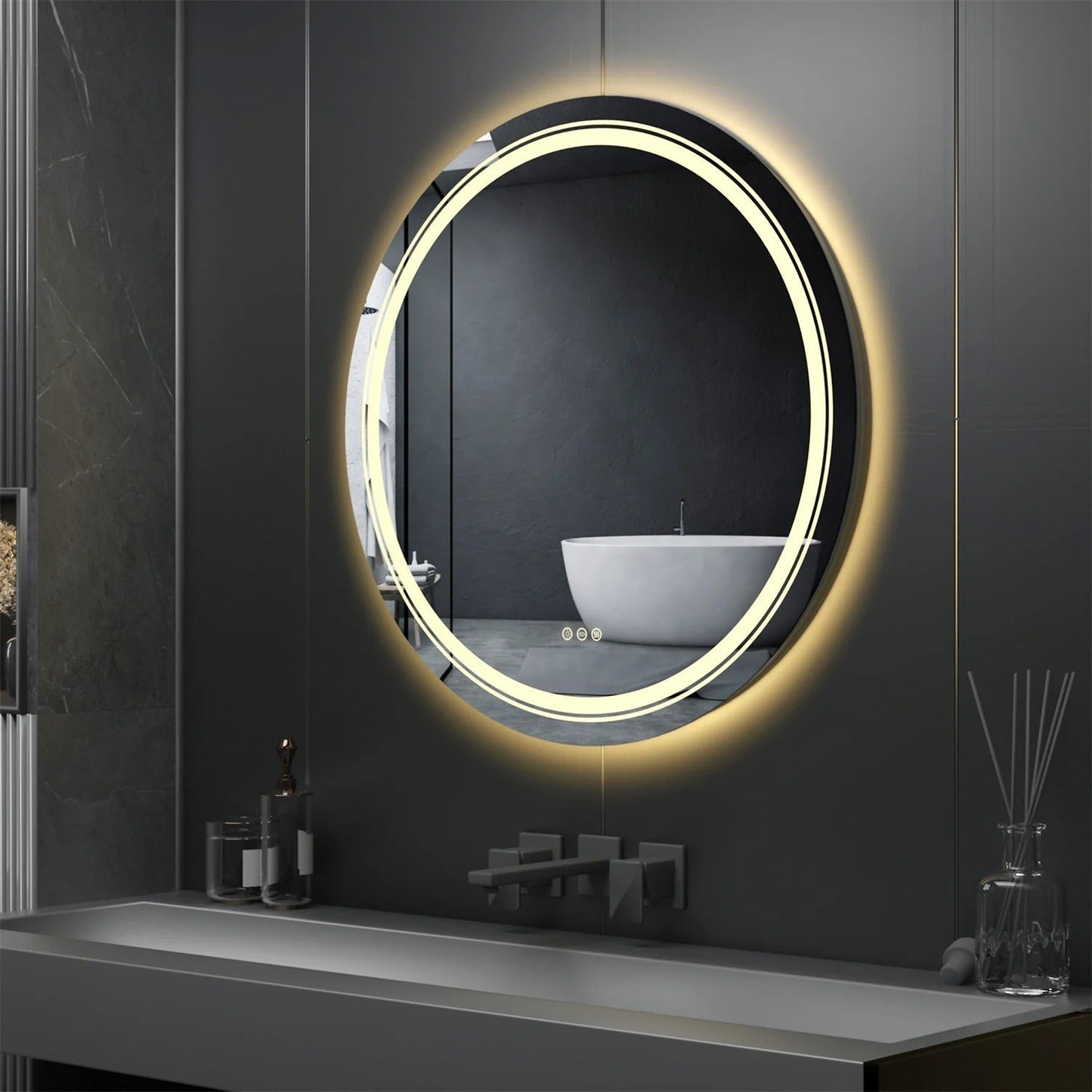 Extra Large 90cm Round Double Light LED Smart Bathroom Illumination Mirror, Wall Mounted, Anti-Fog