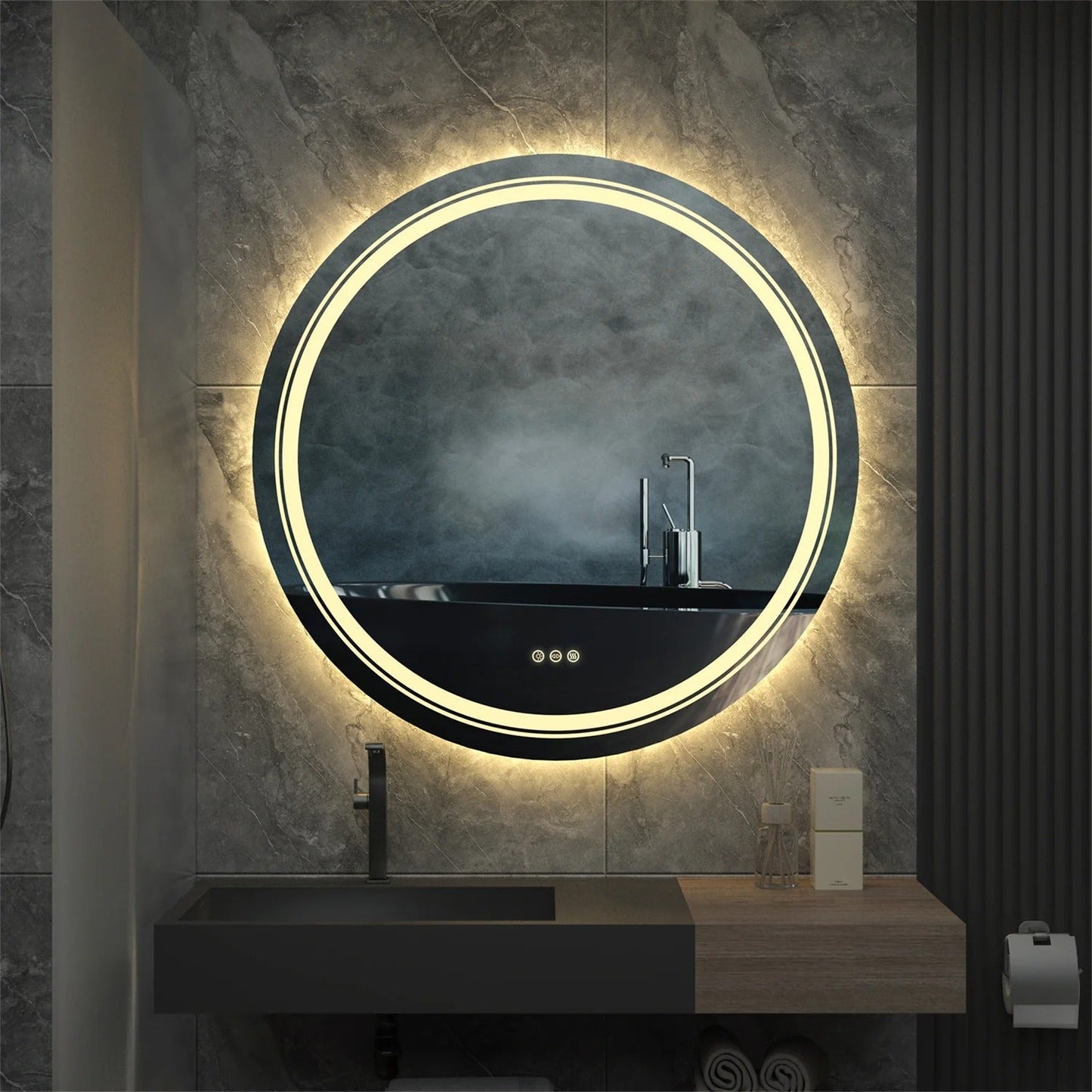 Extra Large 90cm Round Double Light LED Smart Bathroom Illumination Mirror, Wall Mounted, Anti-Fog