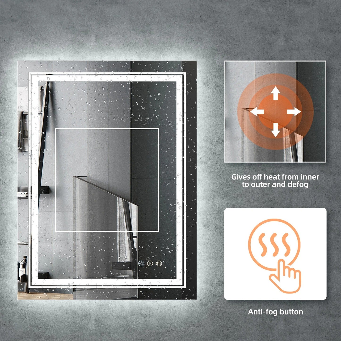 Rectangle Double Light Illuminated Bathroom Mirror with Dimmable Anti-Fog and Memory Function