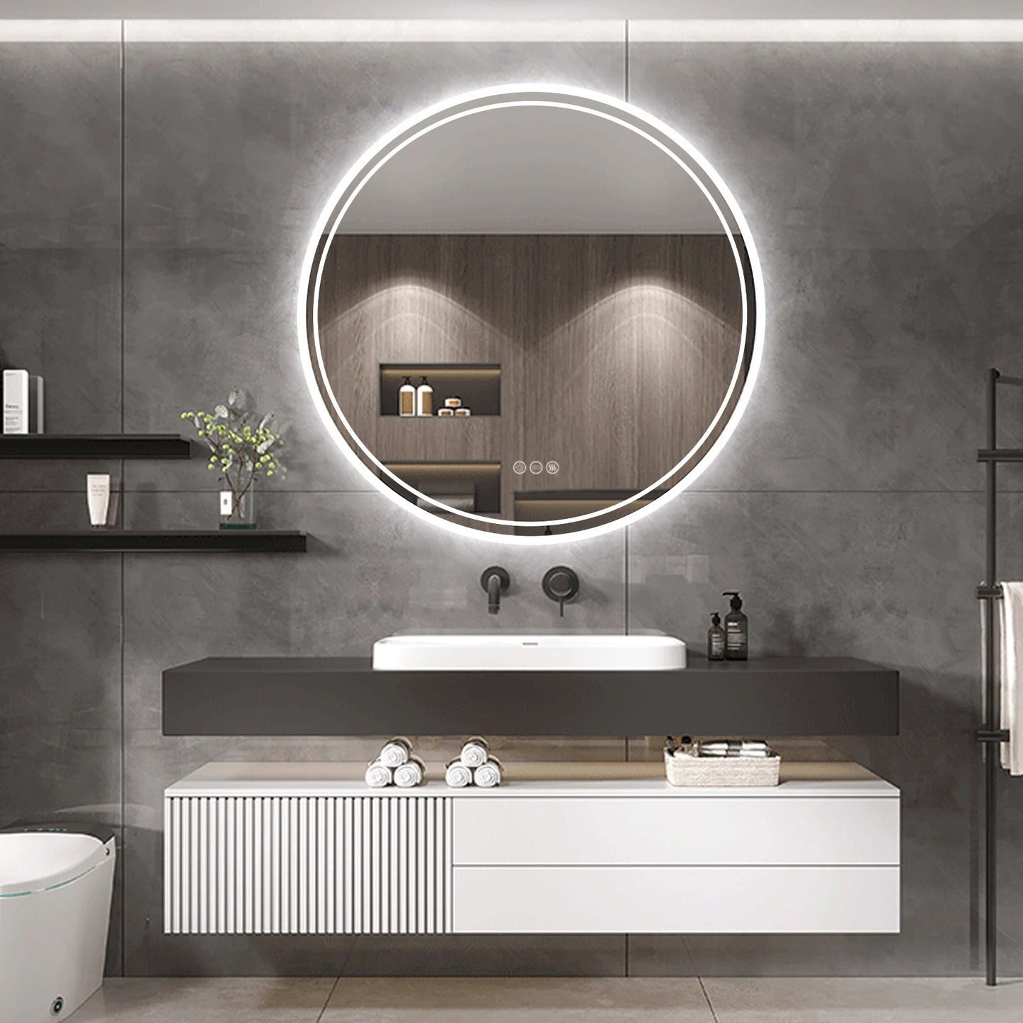 Round Backlit LED Bathroom Mirror with 3 Color Light Settings, Dimmable, anti-fog & memory function