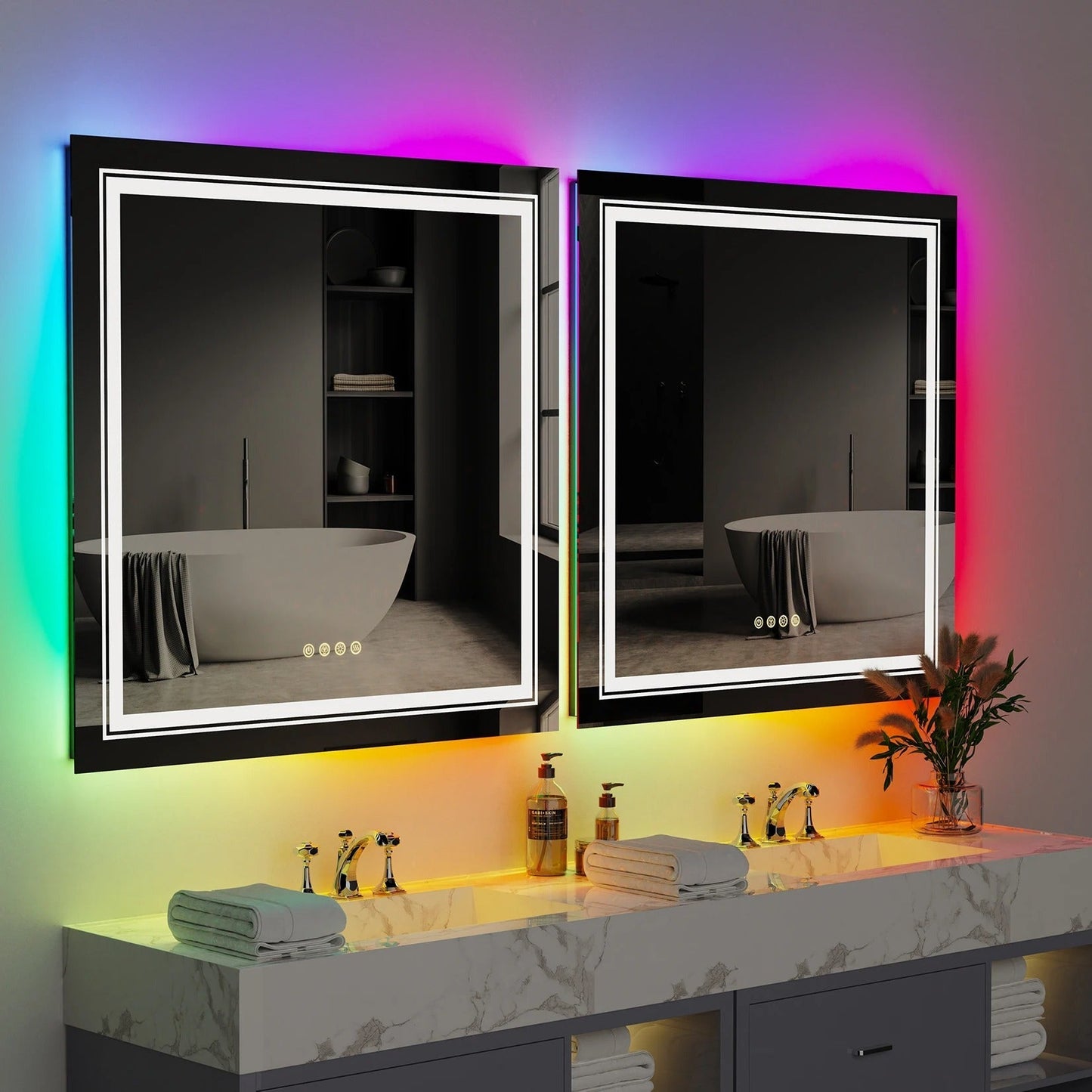 Square Glitzy RGB Double Light 80cm x 80cm LED Mirror Dimmable 11 Color Changing Smart Anti-Fog