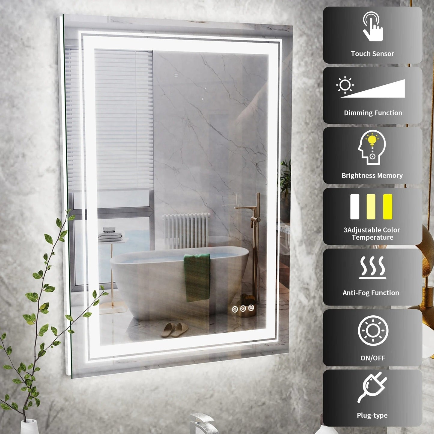 Rectangle Double Light Illuminated Bathroom Mirror with Dimmable Anti-Fog and Memory Function