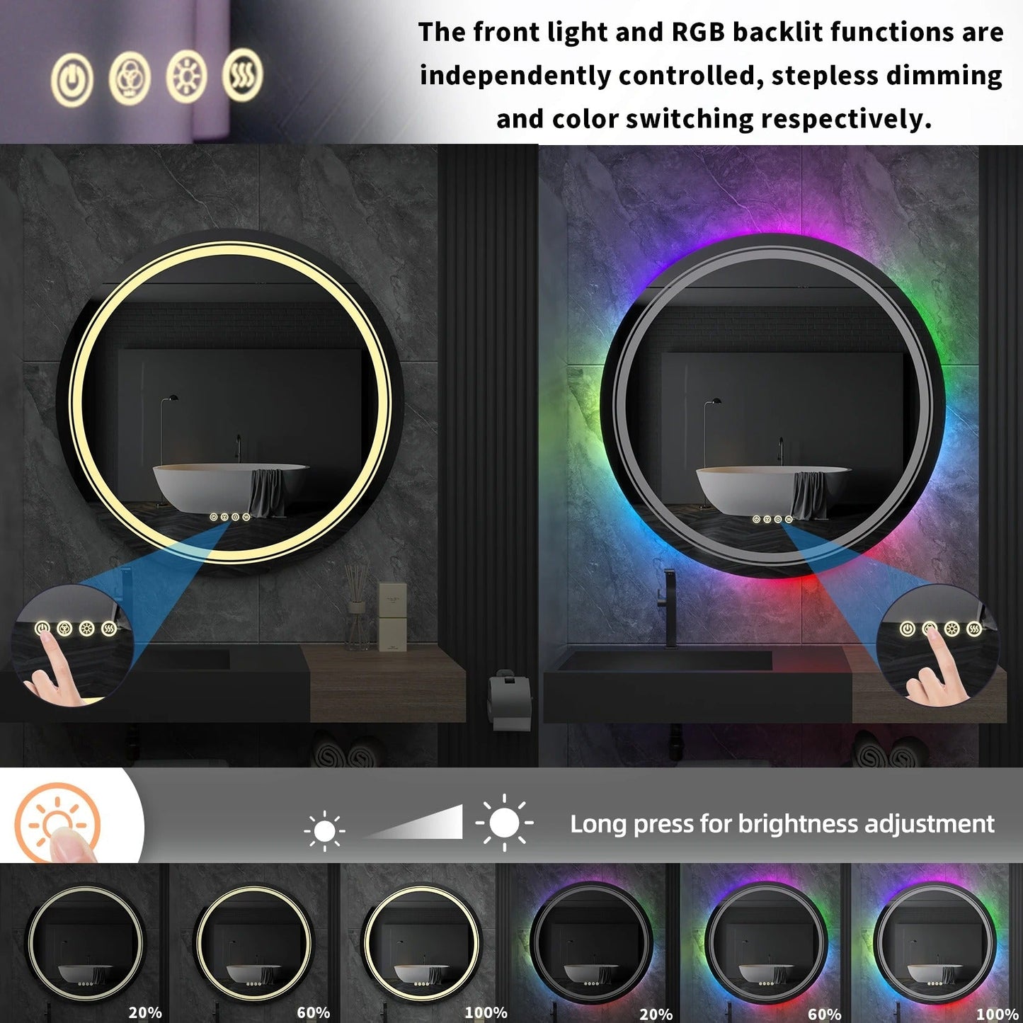 Large Round LED Bathroom Mirror with RGB Options