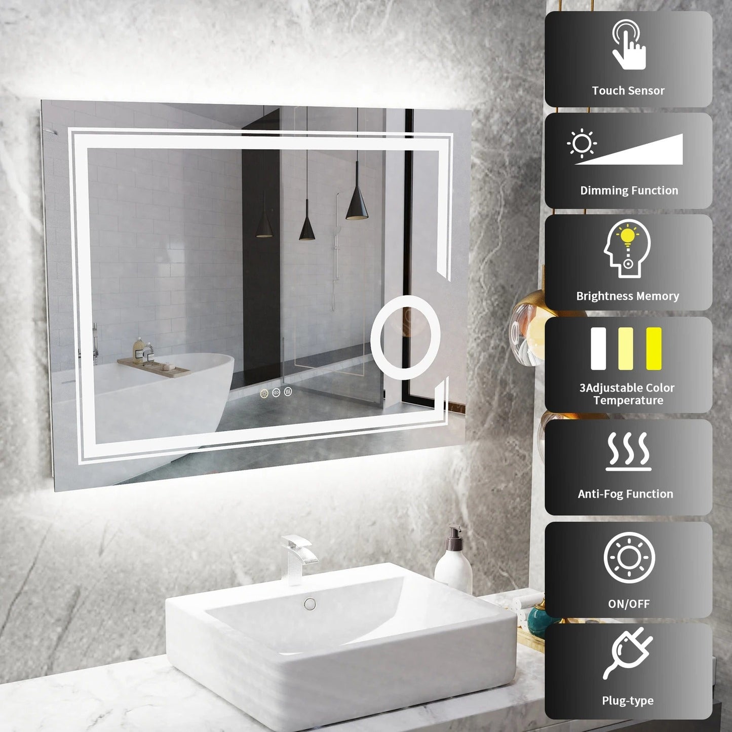 Rectangle Double Lights Bathroom Mirror with 3 X Magnifier – Illuminated Bathroom Mirror