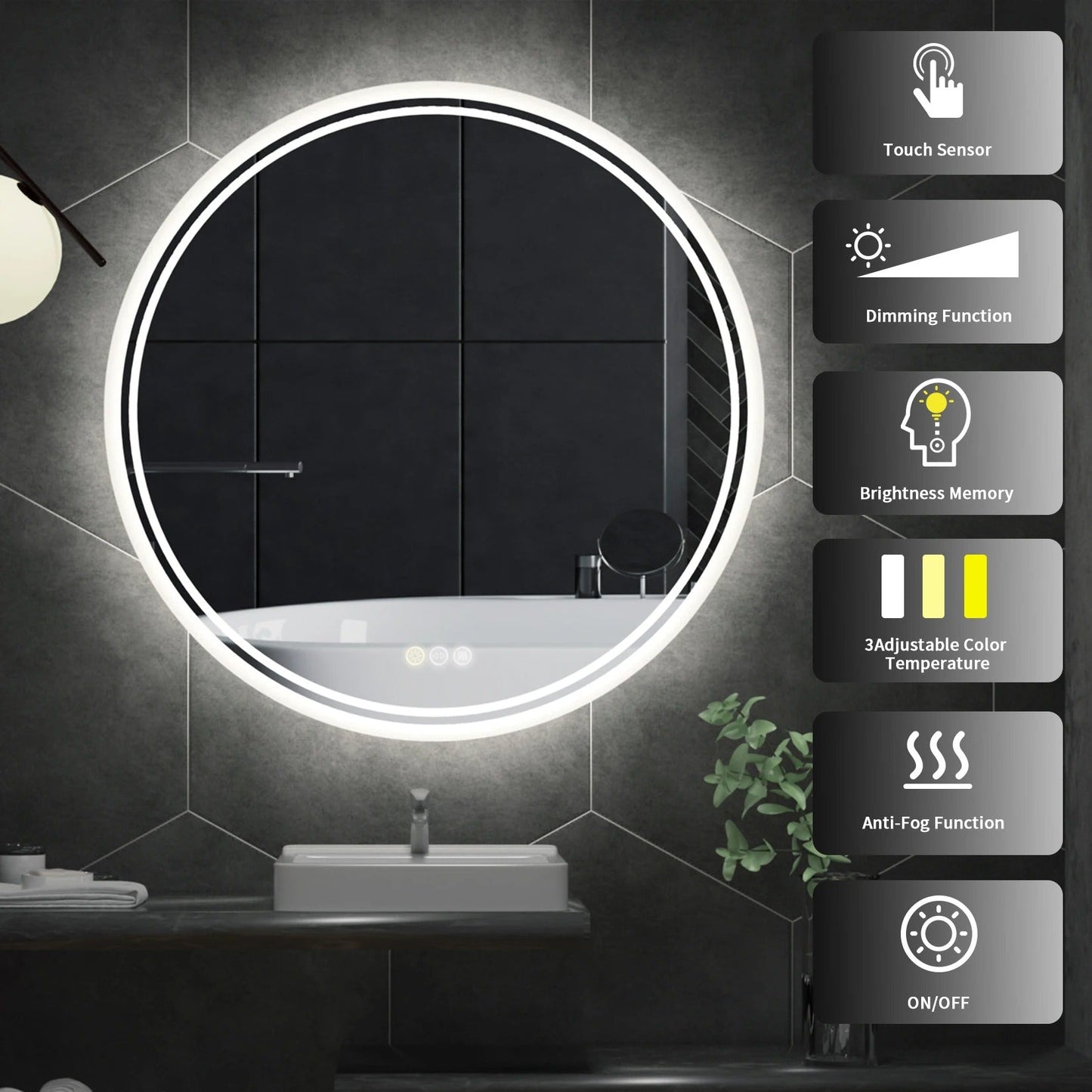 Round Backlit LED Bathroom Mirror with 3 Color Light Settings, Dimmable, anti-fog & memory function