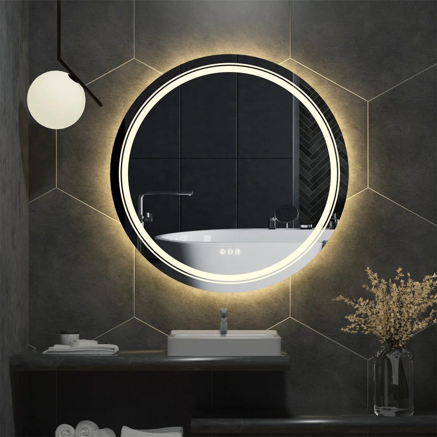 Extra Large 90cm Round Double Light LED Smart Bathroom Illumination Mirror, Wall Mounted, Anti-Fog