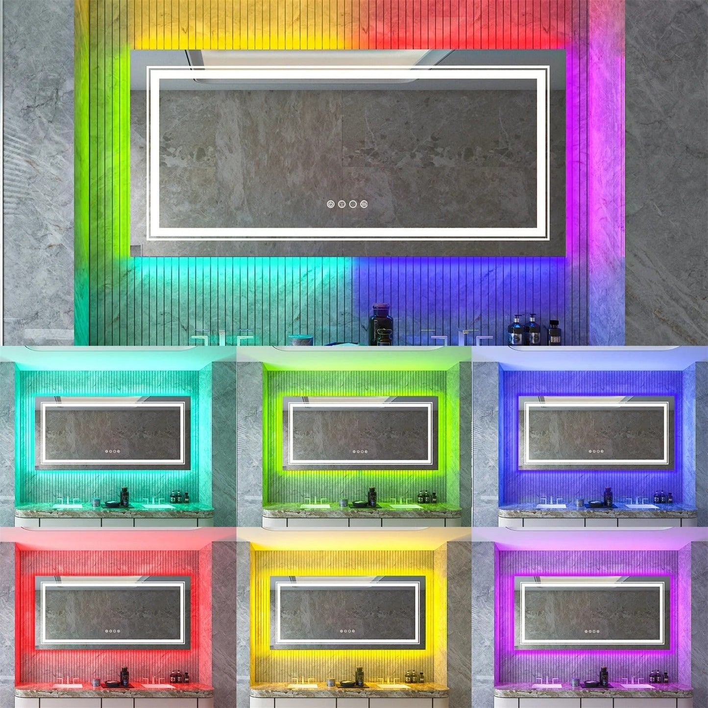 Rectangle Glitzy RGB Double Light LED Bathroom Mirror, Wall Mounted, Anti-Fog