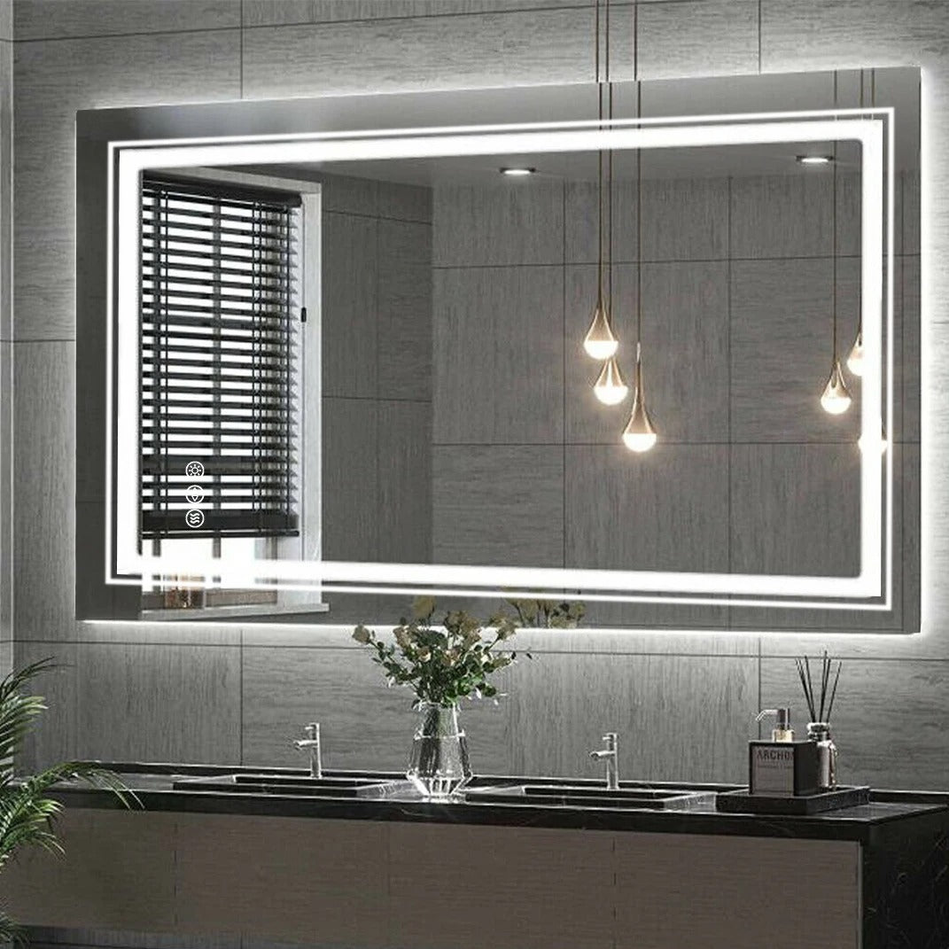 Rectangle Double Light Illuminated Bathroom Mirror with Dimmable Anti-Fog and Memory Function
