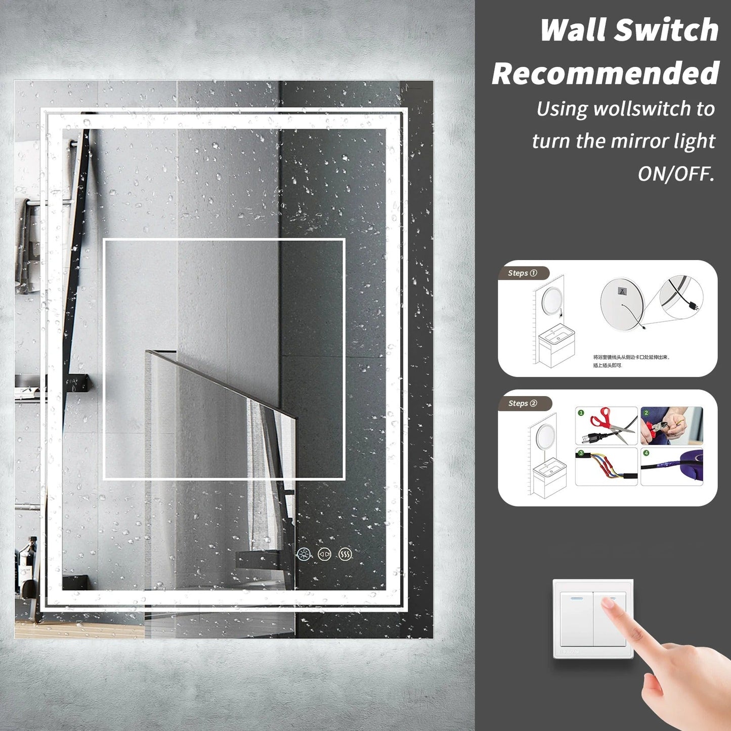 Rectangle Double Light Illuminated Bathroom Mirror with Dimmable Anti-Fog and Memory Function