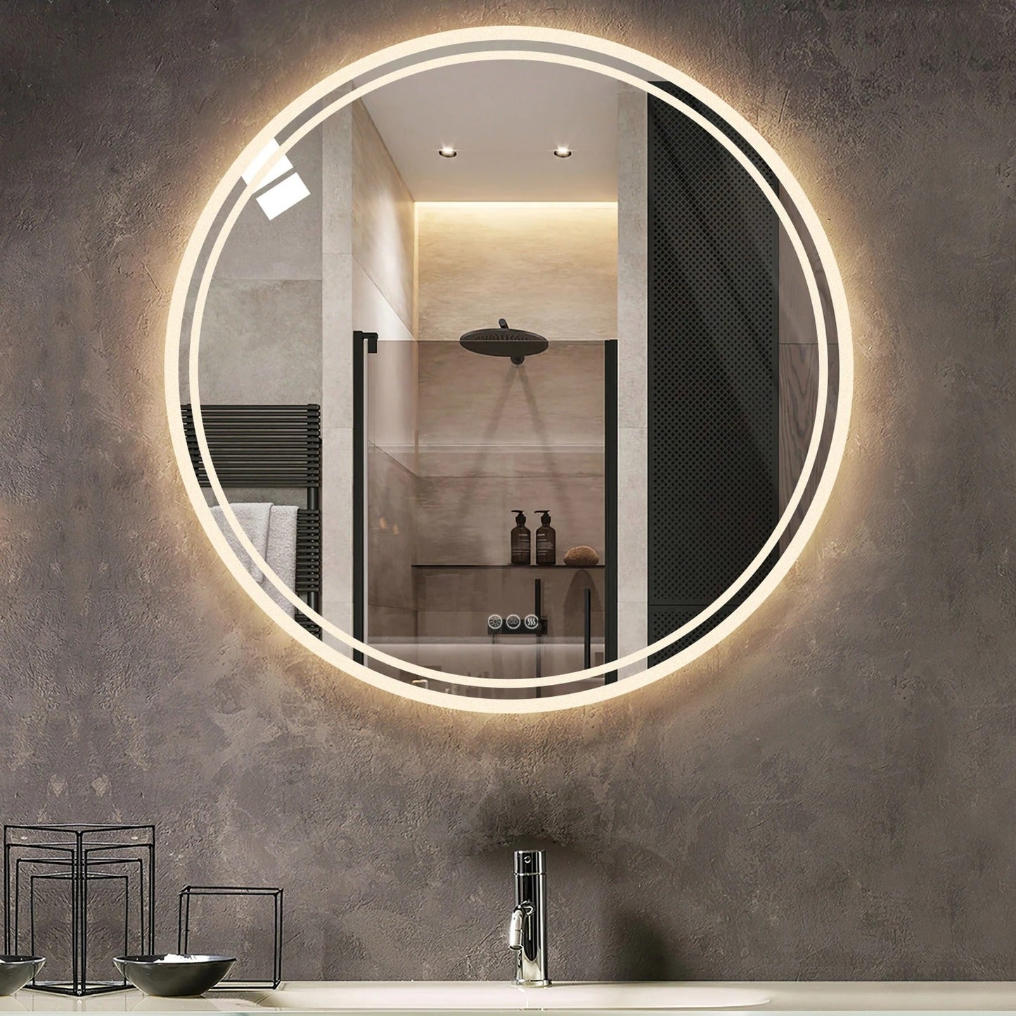 Round Backlit LED Bathroom Mirror with 3 Color Light Settings, Dimmable, anti-fog & memory function
