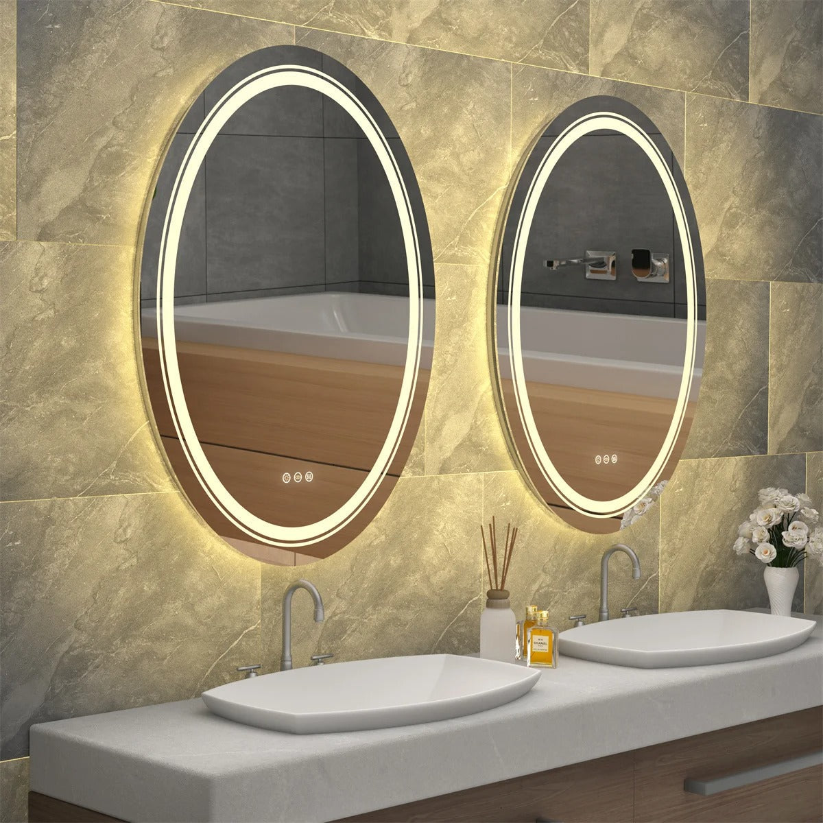 Oval Luxe Dual-Glow LED Bathroom Mirror - Anti-Fog, Dimmable, Double light, Memory & 3 colors.