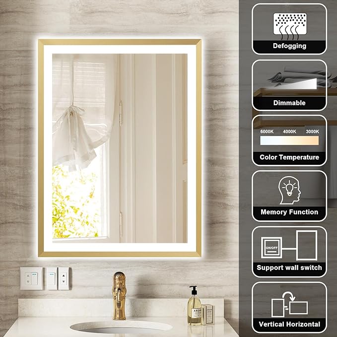 Rectangle Golden Aluminum Alloy Frame, Front Light Large LED Bathroom Illumination Mirror, Wall Mounted, Anti-Fog