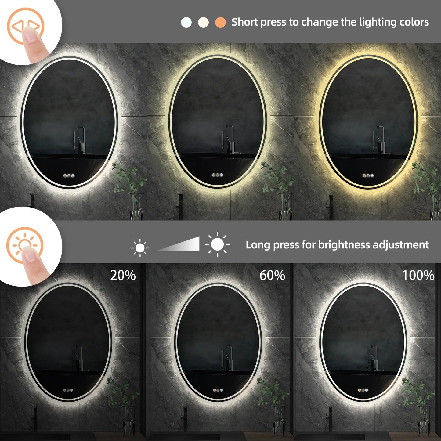 Oval Luxe Dual-Glow LED Bathroom Mirror - Anti-Fog, Dimmable, Double light, Memory & 3 colors.