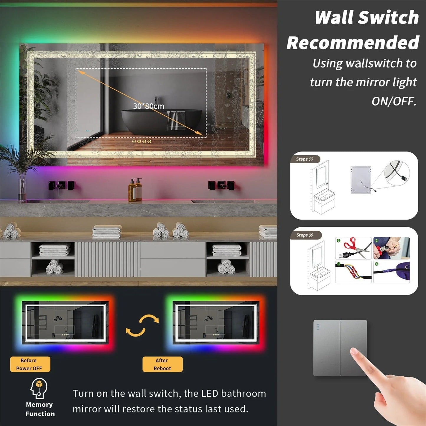 Rectangle Glitzy RGB Double Light LED Bathroom Mirror, Wall Mounted, Anti-Fog
