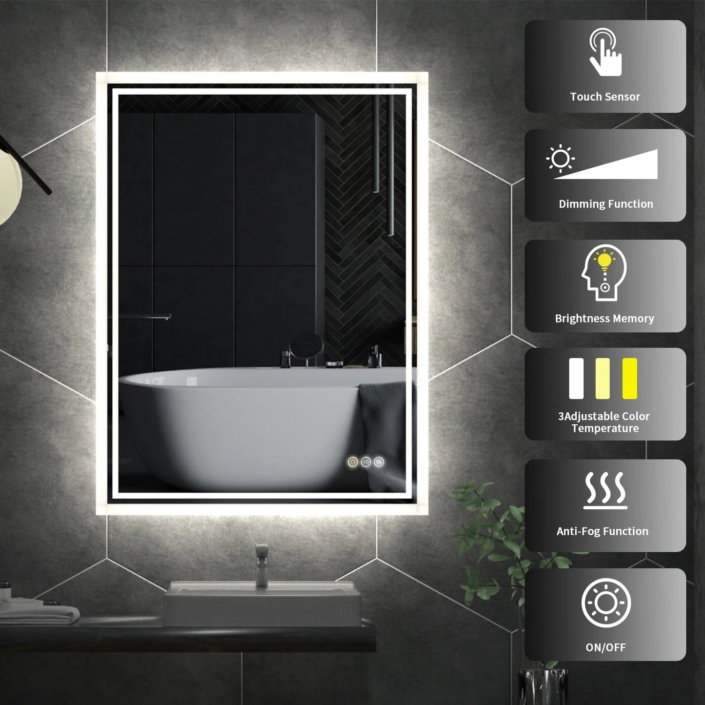 Rectangle Backlit Light LED Smart Bathroom Illumination Mirror, Wall Mounted, Anti-Fog