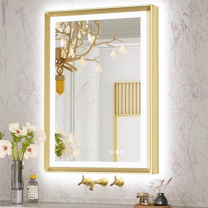 Rectangle Golden Aluminum Alloy Frame, Front Light Large LED Bathroom Illumination Mirror, Wall Mounted, Anti-Fog