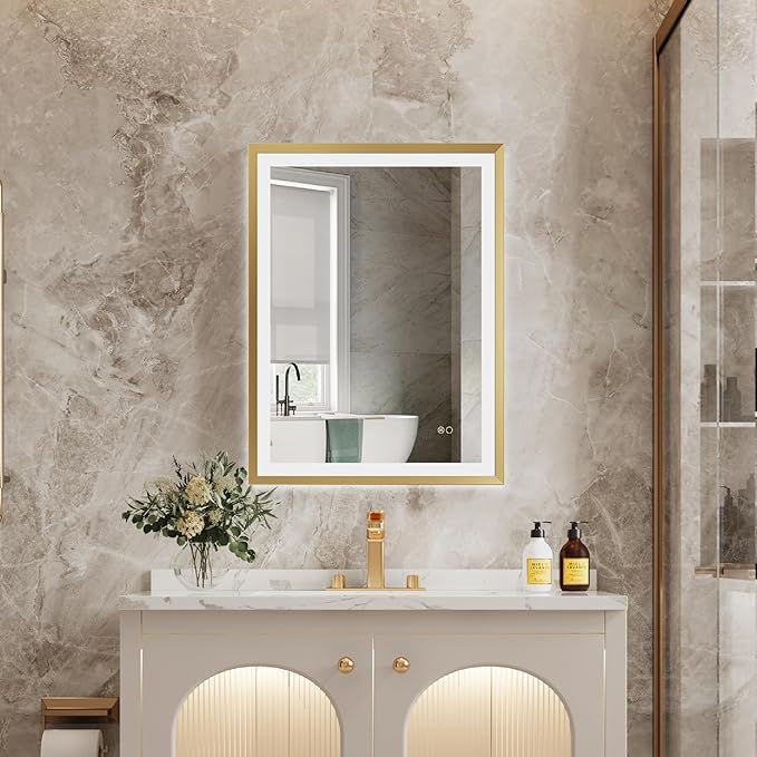 Rectangle Golden Aluminum Alloy Frame, Front Light Large LED Bathroom Illumination Mirror, Wall Mounted, Anti-Fog