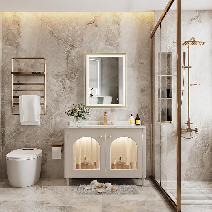 Rectangle Golden Aluminum Alloy Frame, Front Light Large LED Bathroom Illumination Mirror, Wall Mounted, Anti-Fog