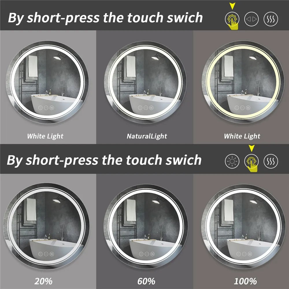 Round Double Light LED Bathroom Mirror, Dimmable, Anti-Fog Circle Wall Mounted Bathroom Mirror