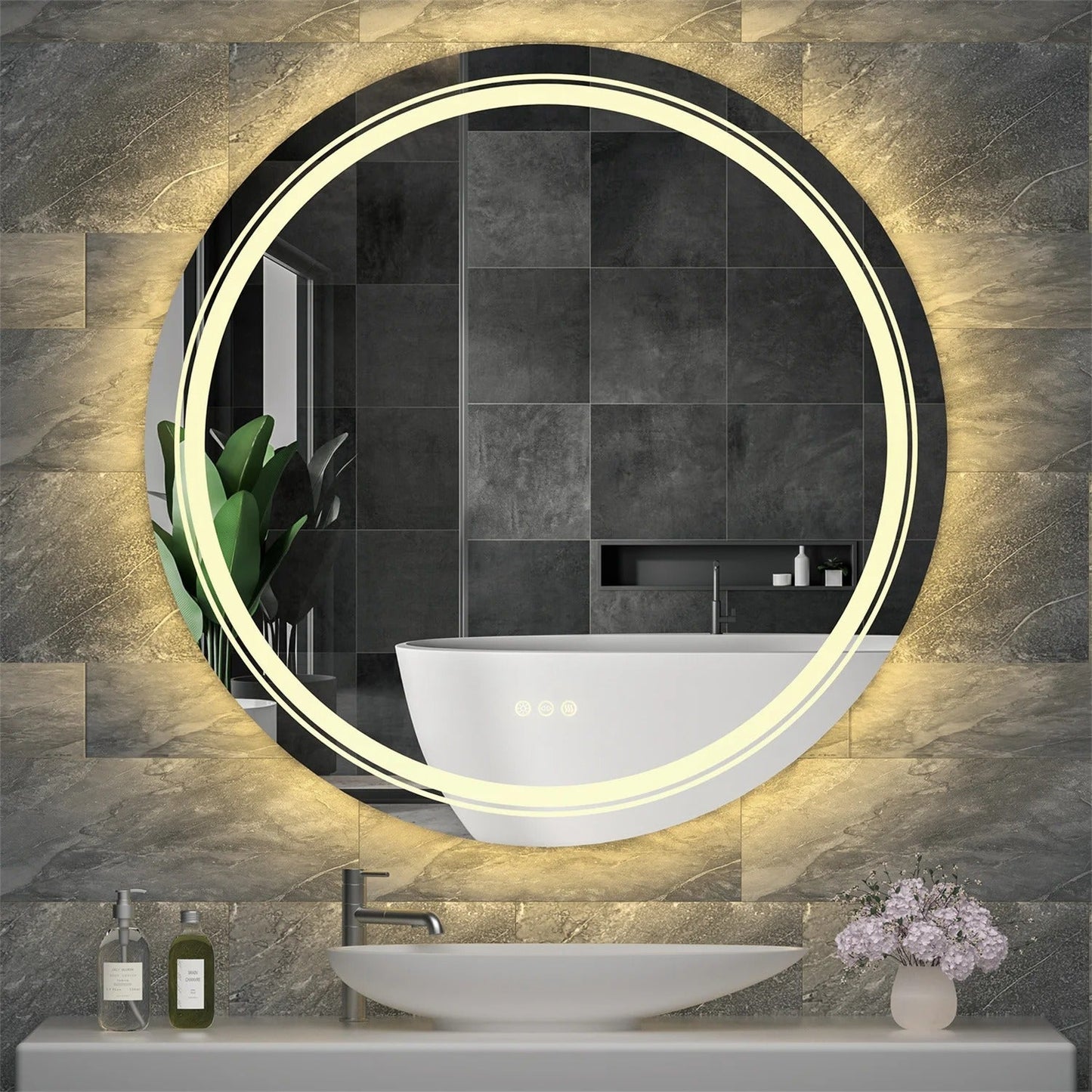 Extra Large 90cm Round Double Light LED Smart Bathroom Illumination Mirror, Wall Mounted, Anti-Fog