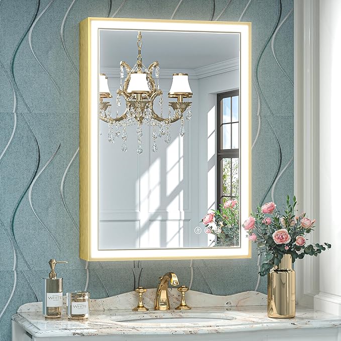 Rectangle Golden Aluminum Alloy Frame, Front Light Large LED Bathroom Illumination Mirror, Wall Mounted, Anti-Fog