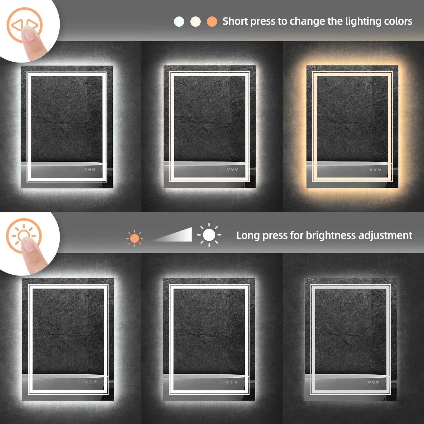 Rectangle Double Light Illuminated Bathroom Mirror with Dimmable Anti-Fog and Memory Function