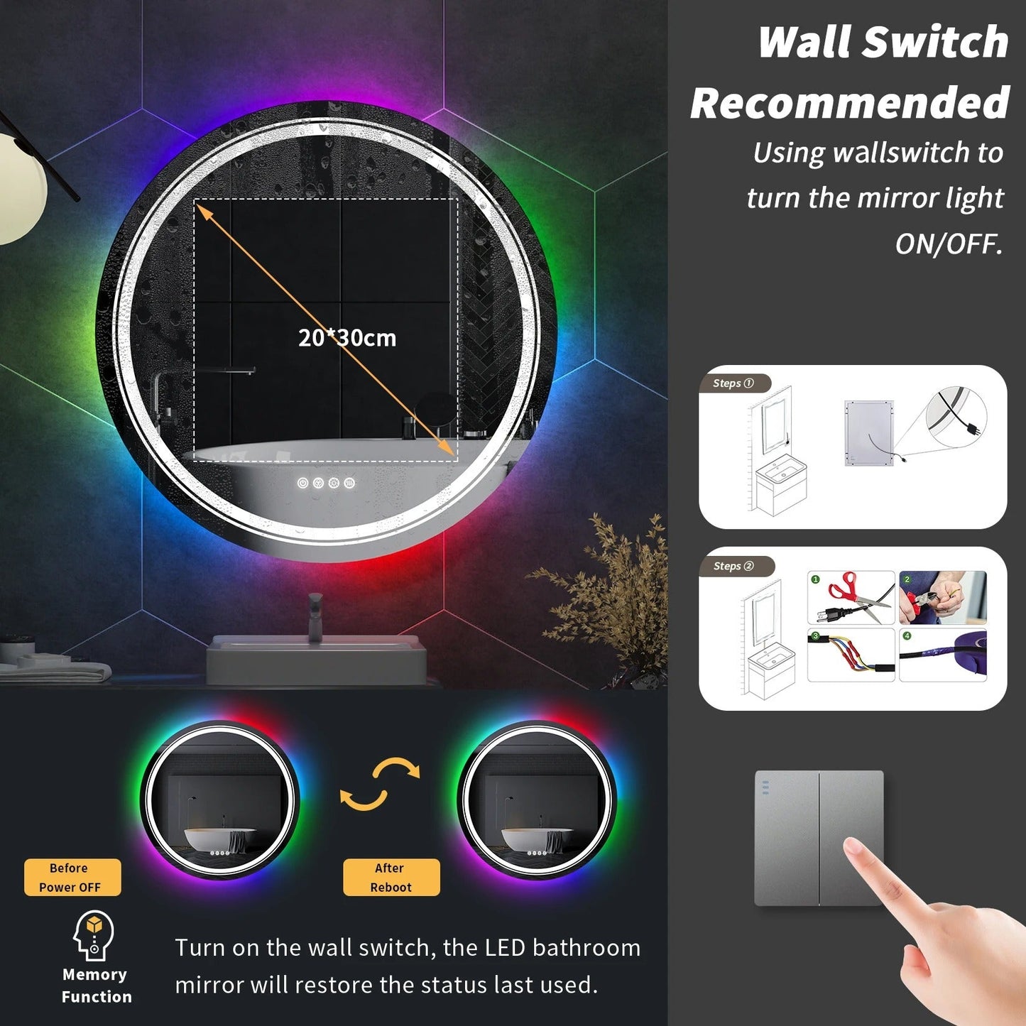 Large Round LED Bathroom Mirror with RGB Options