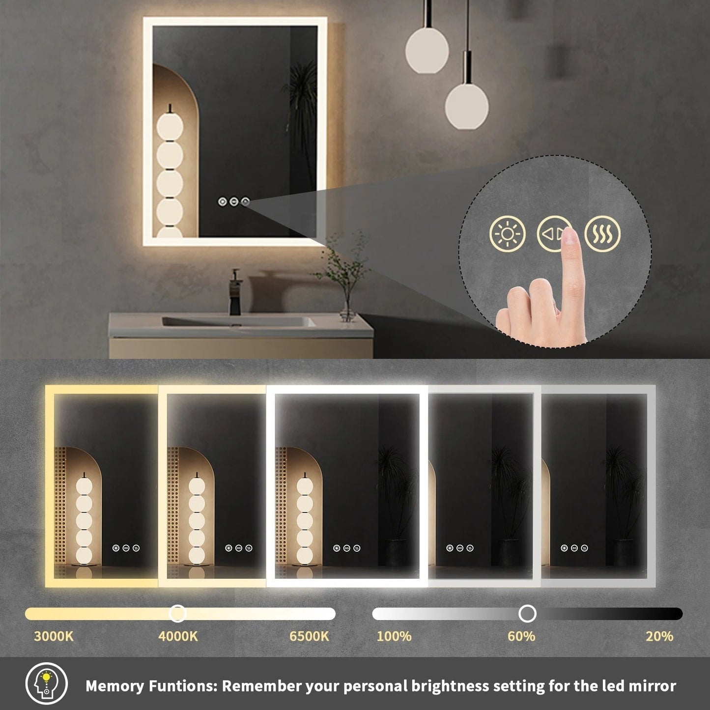 Rectangle Front Light Frameless Bathroom Mirror with LED Light, 16x20" – Anti-Fog