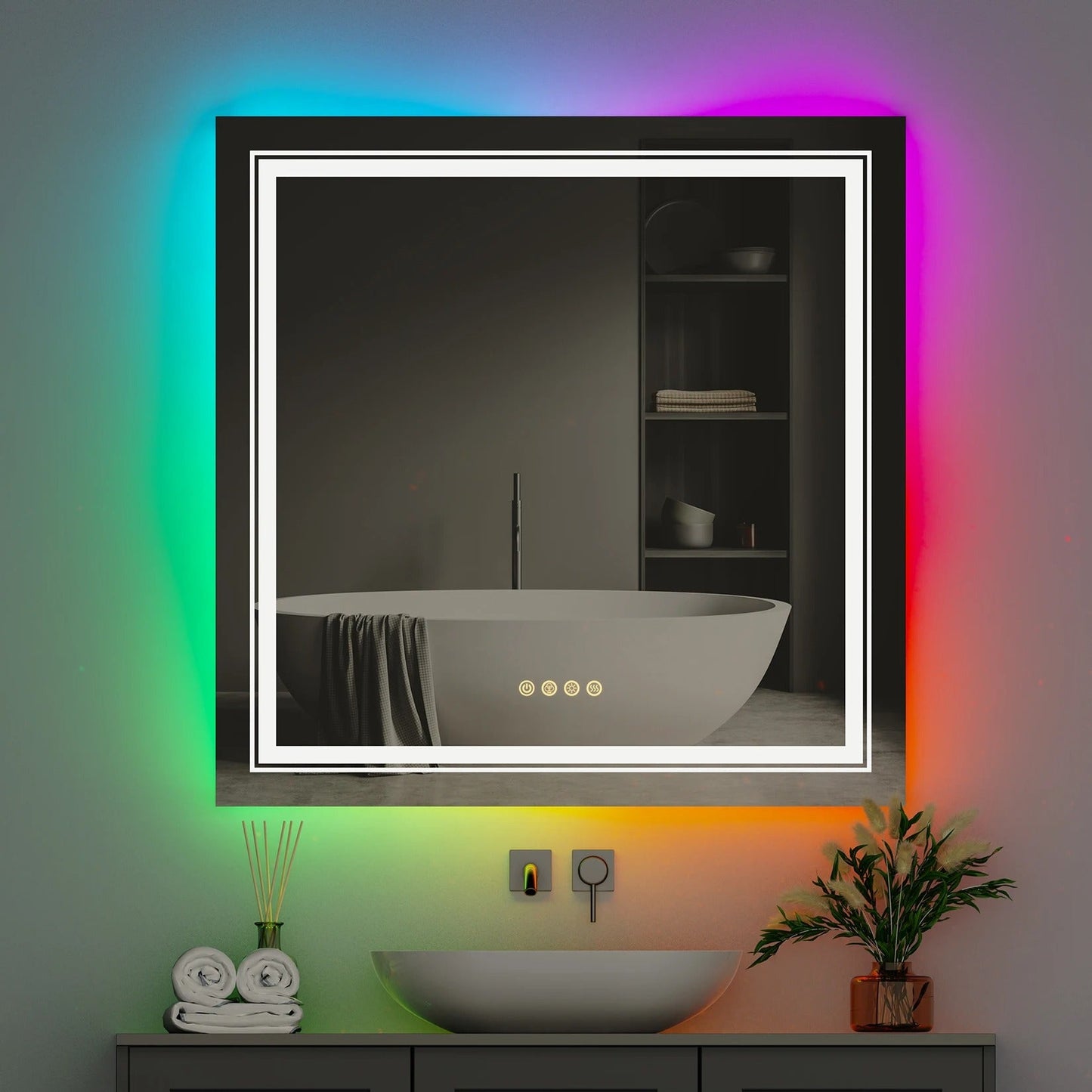 Square Glitzy RGB Double Light 80cm x 80cm LED Mirror Dimmable 11 Color Changing Smart Anti-Fog