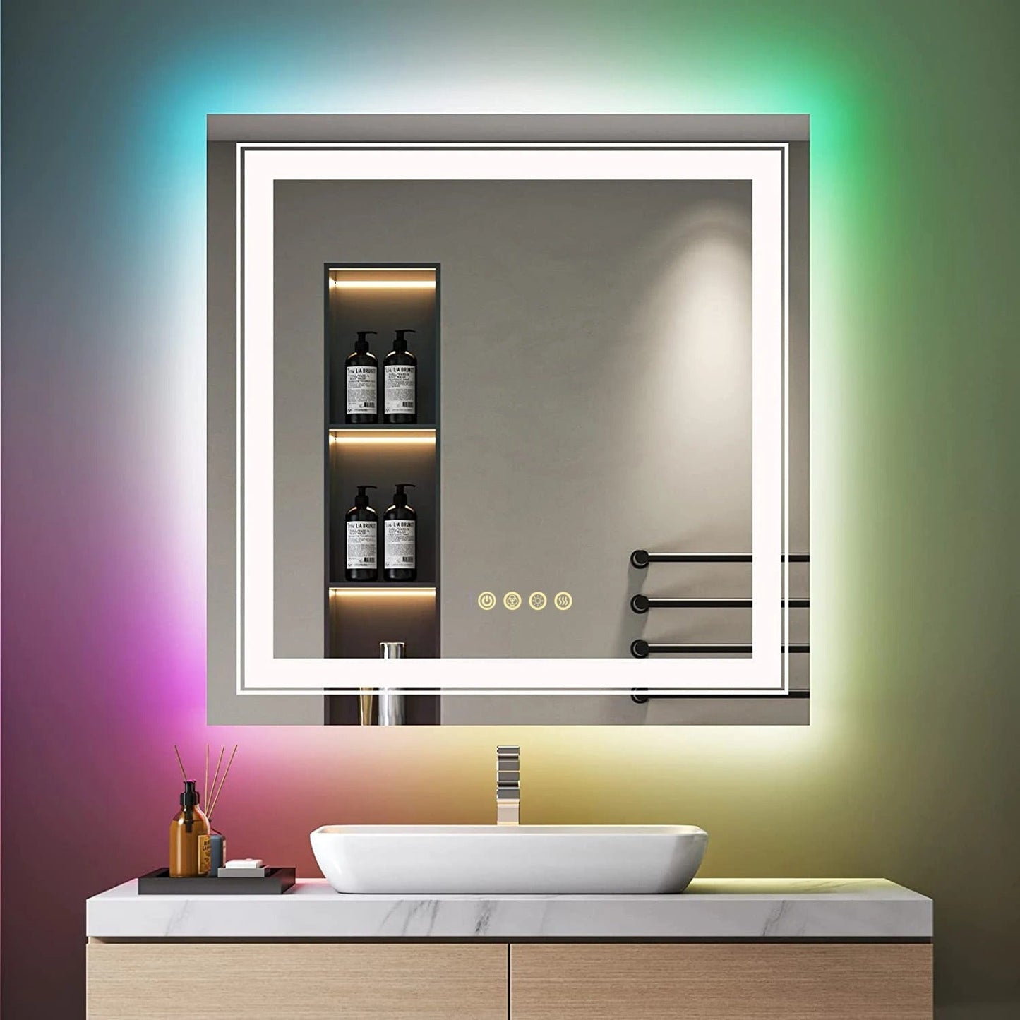 Square Glitzy RGB Double Light 80cm x 80cm LED Mirror Dimmable 11 Color Changing Smart Anti-Fog