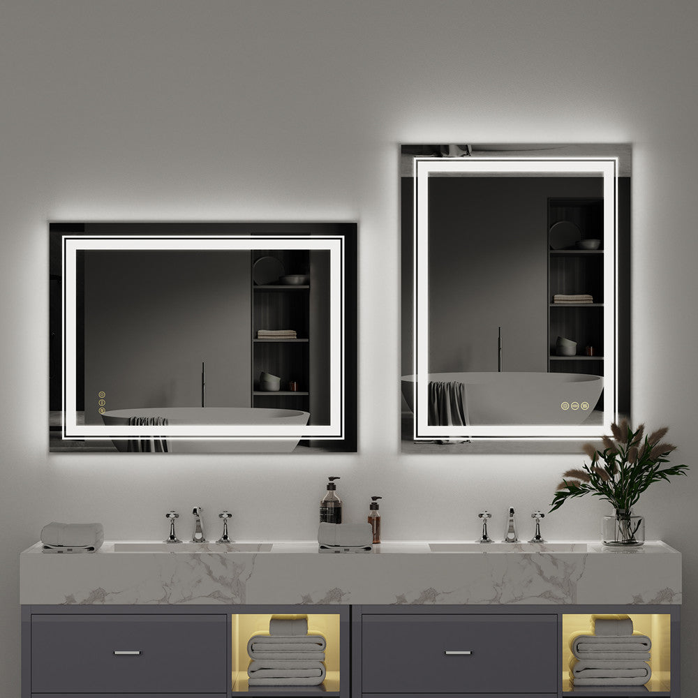 Rectangle Double Light Illuminated Bathroom Mirror with Dimmable Anti-Fog and Memory Function