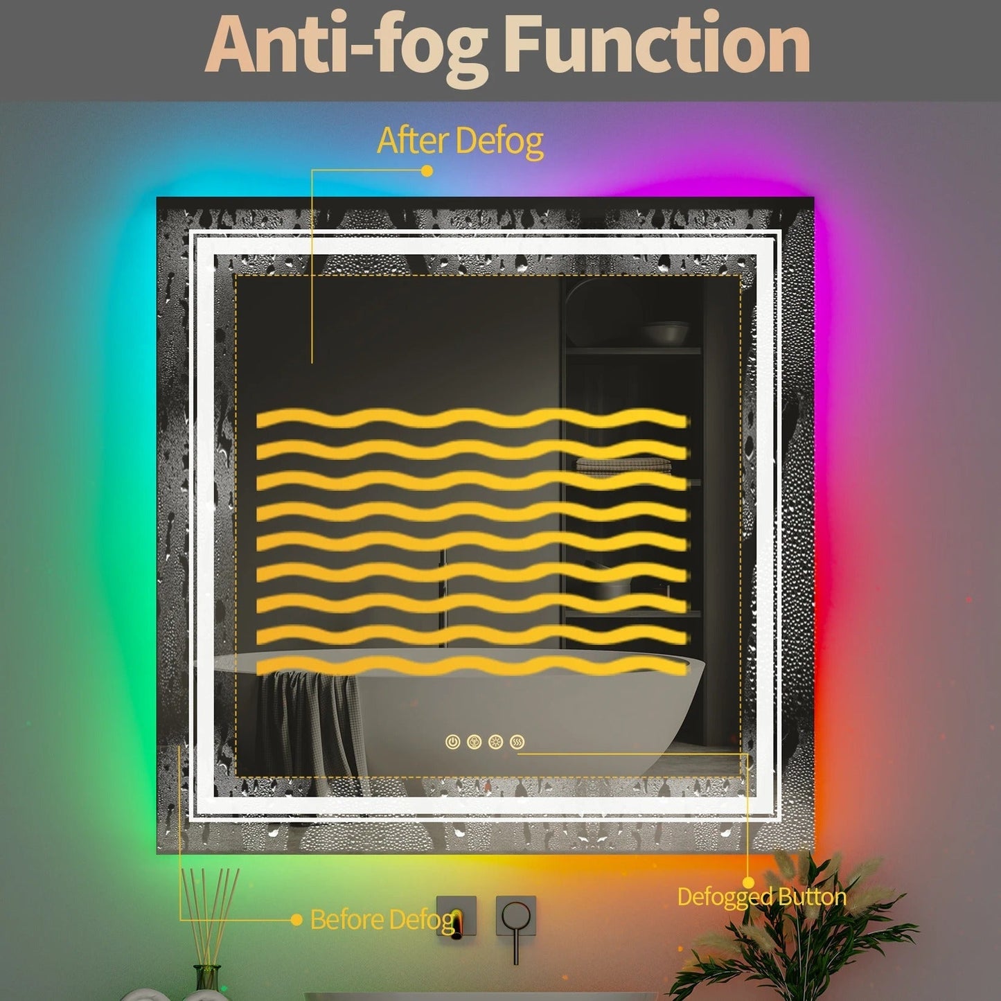 Square Glitzy RGB Double Light 80cm x 80cm LED Mirror Dimmable 11 Color Changing Smart Anti-Fog