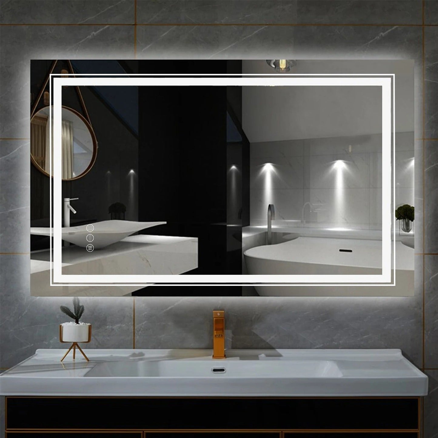 Rectangle Double Light Illuminated Bathroom Mirror with Dimmable Anti-Fog and Memory Function
