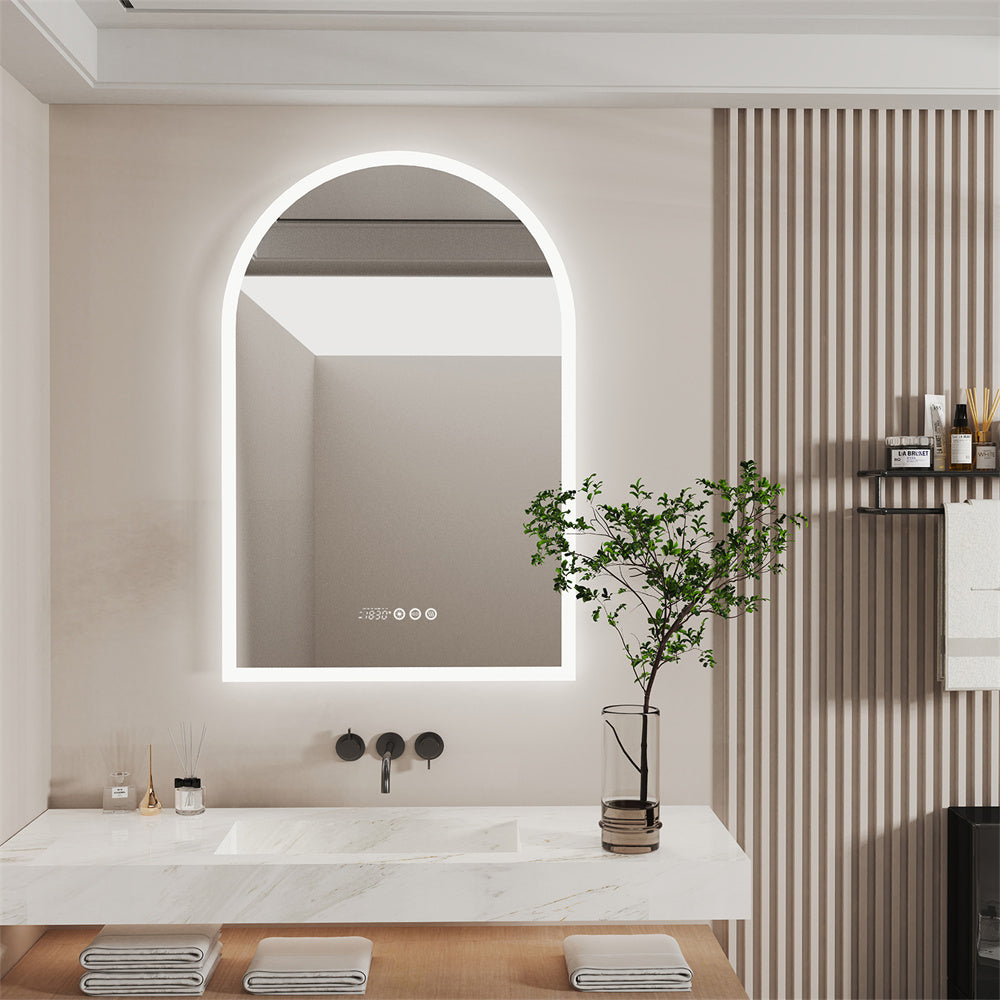 Arched Backlit Bathroom Mirror, Anti-Fog LED Mirror with Time, Date & Temperature Display and 3-Colour Lighting