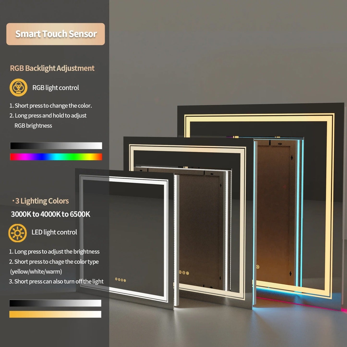 Square Glitzy RGB Double Light 80cm x 80cm LED Mirror Dimmable 11 Color Changing Smart Anti-Fog