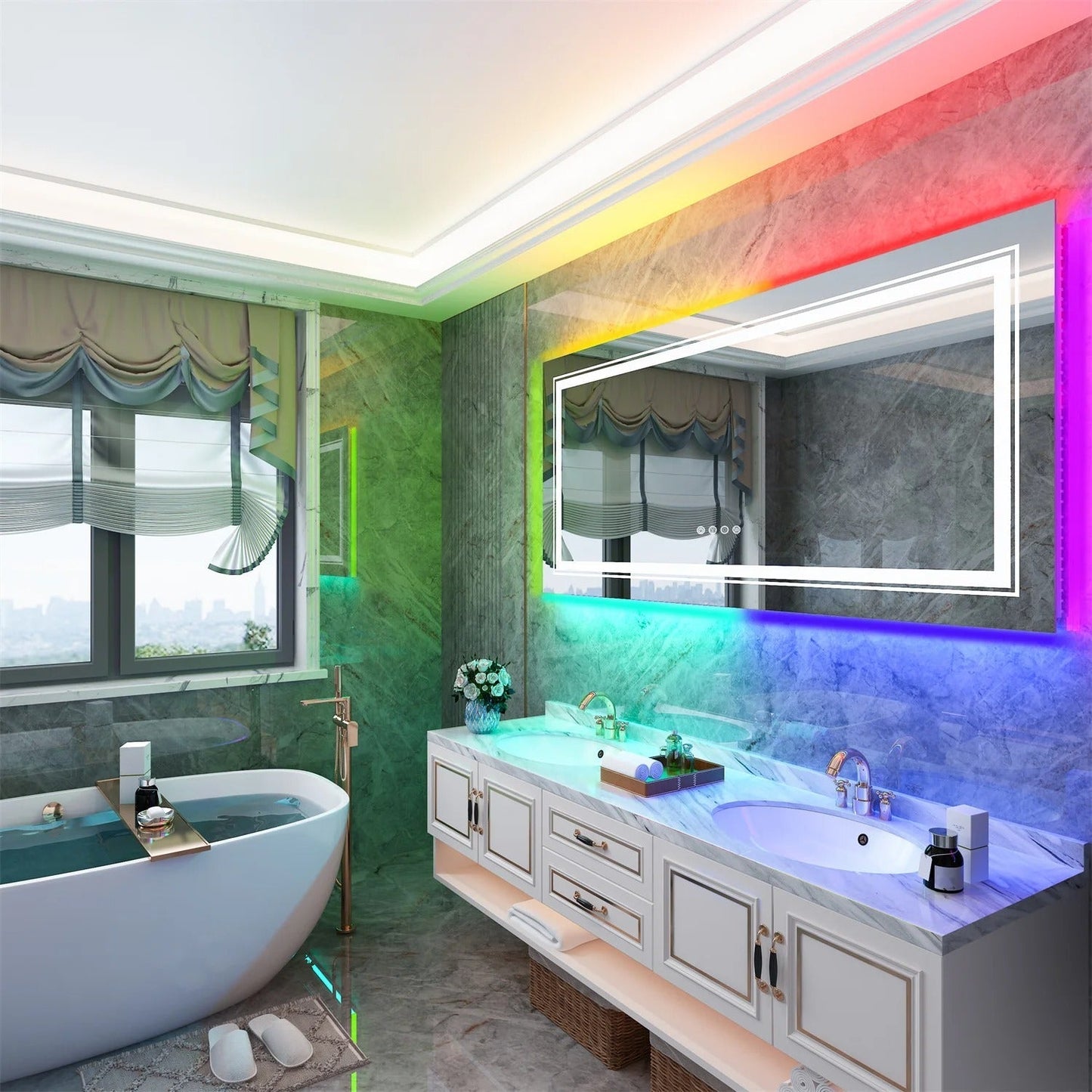 Rectangle Glitzy RGB Double Light LED Bathroom Mirror, Wall Mounted, Anti-Fog