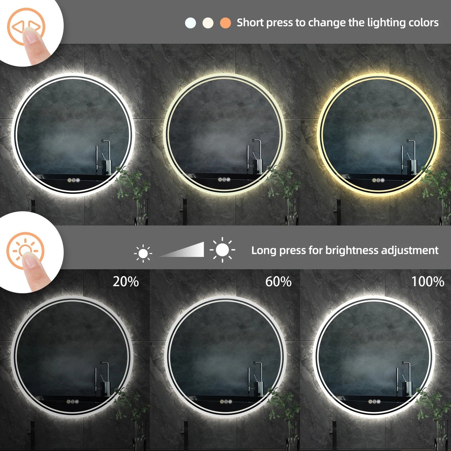 Round Backlit LED Bathroom Mirror with 3 Color Light Settings, Dimmable, anti-fog & memory function