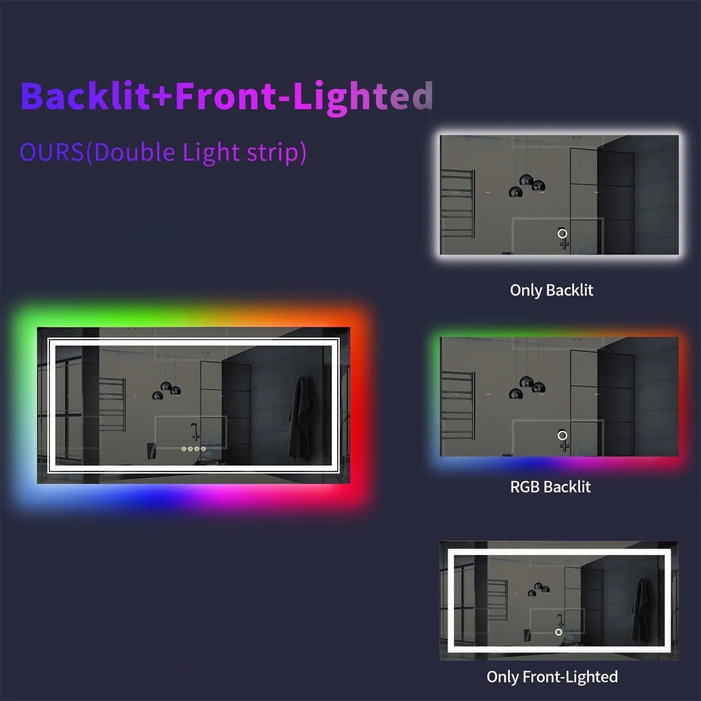 Rectangle Glitzy RGB Double Light LED Bathroom Mirror, Wall Mounted, Anti-Fog