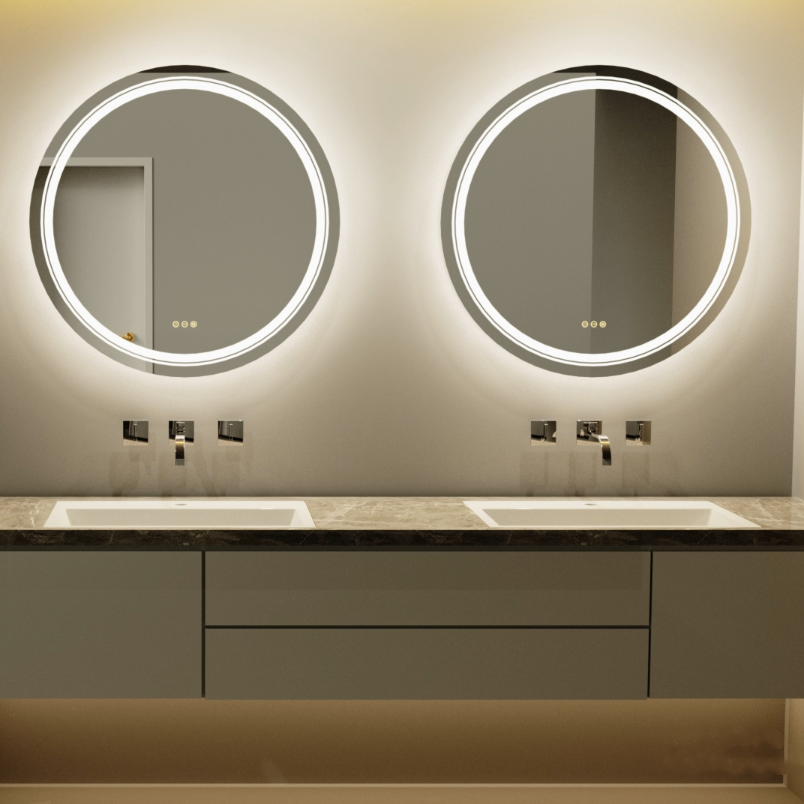 Round Double Light LED Bathroom Mirror, Dimmable, Anti-Fog Circle Wall Mounted Bathroom Mirror