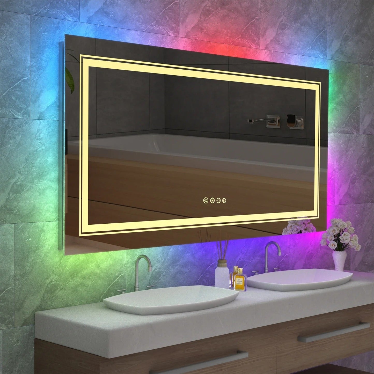 Rectangle Glitzy RGB Double Light LED Bathroom Mirror, Wall Mounted, Anti-Fog