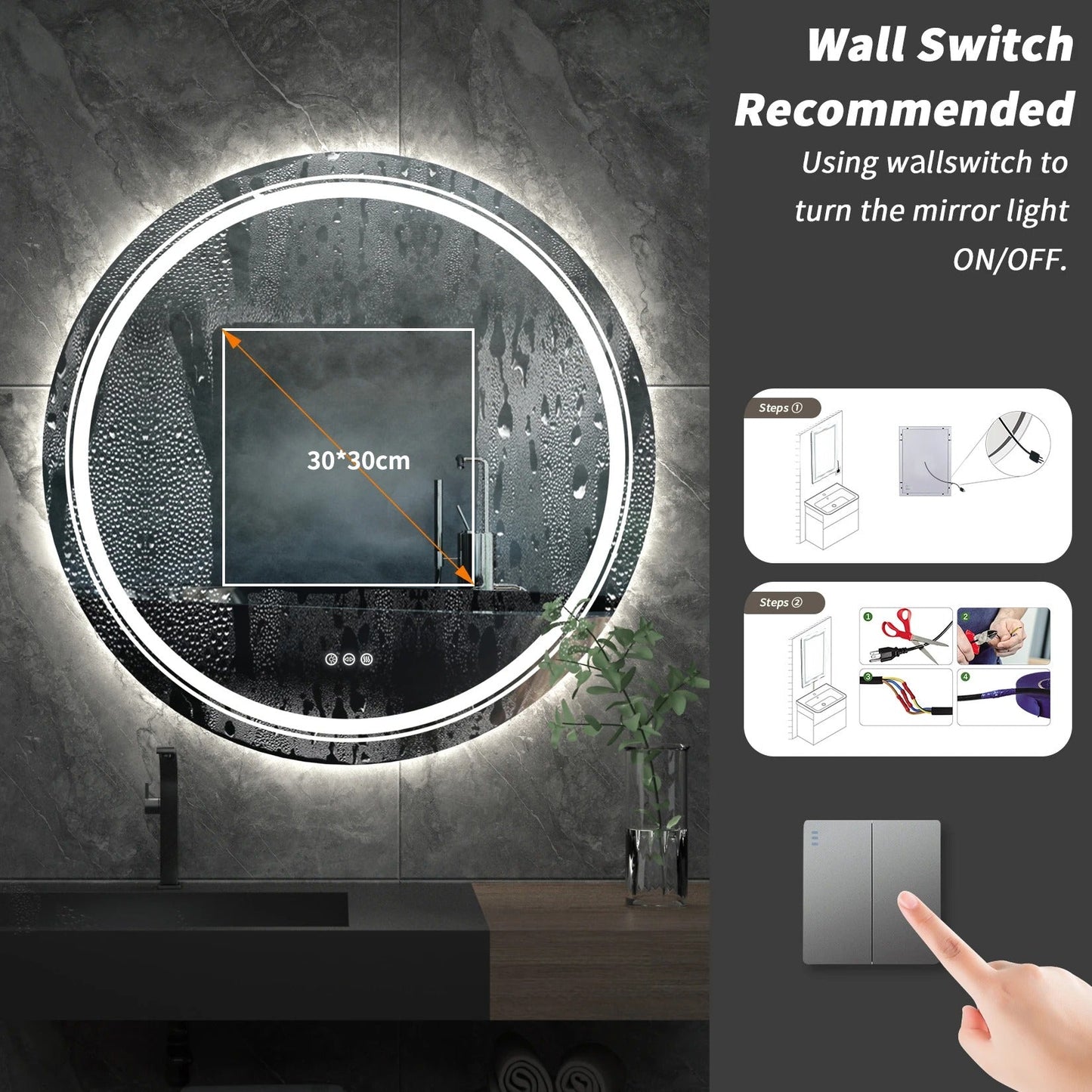 Extra Large 90cm Round Double Light LED Smart Bathroom Illumination Mirror, Wall Mounted, Anti-Fog